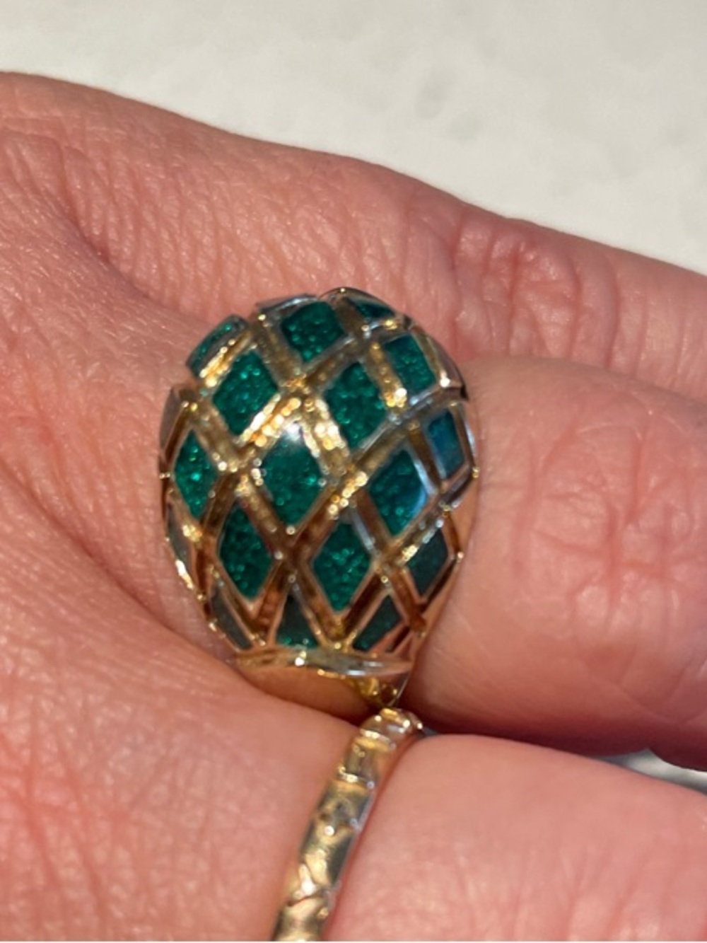 14K Gold Ring with Green Enamel Lattice Accent